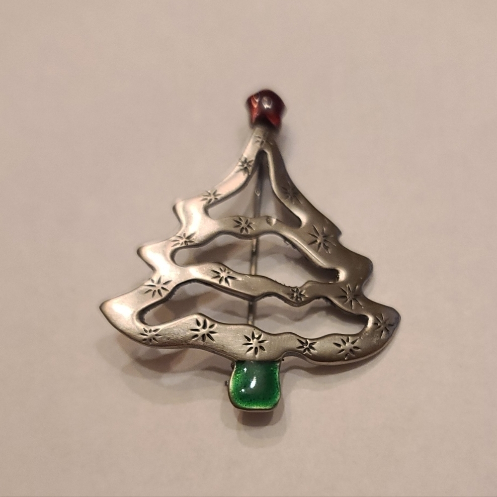 Vintage Silver Tone Red Green Christmas Tree Brooch Pin
